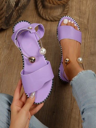 Summer Blossom: Floral Flat Sandals with Metal Buckle and Pearl Decoration for Women