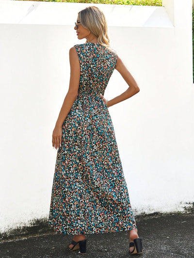 Beautifully Bloomed: Sleeveless Floral Print Dress with Shirred Waist