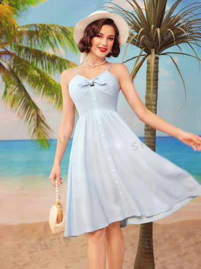 Vintage Vacation Chic: Blue Halter Neckline Umbrella Skirt Dress