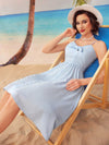 Vintage Vacation Chic: Blue Halter Neckline Umbrella Skirt Dress