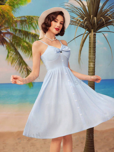 Vintage Vacation Chic: Blue Halter Neckline Umbrella Skirt Dress