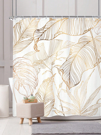 Platinum Tropical Leaf Bathroom Shower Curtain Set - Elegant Bronze Palm Design with 12 Plastic Hooks