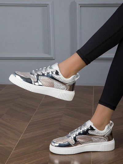 Shimmer in Style: Metallic Silver Perforated Sneakers for Women