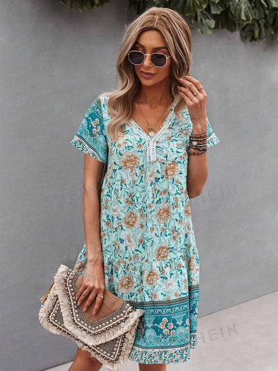 Floral Fantasy Patchwork: Women's Lace Short Sleeve Dress