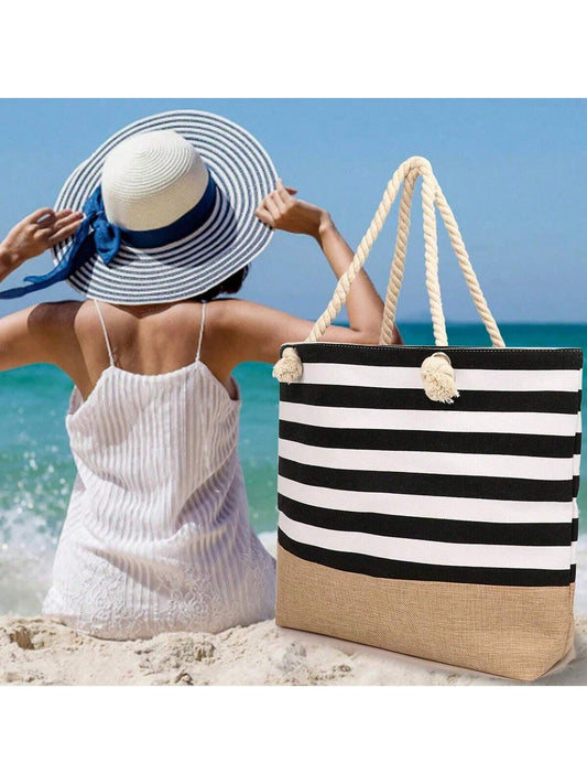 Striped Shoulder Tote Bag: Stylish Carryall for School and Travel