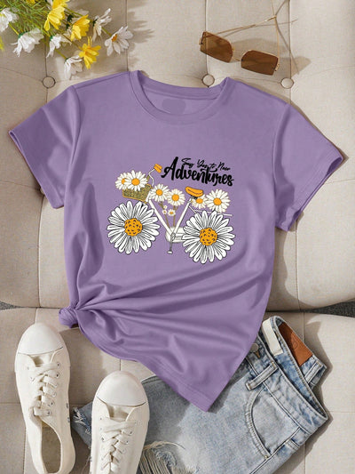 Chic Daisy Flower Letter Printed T-Shirt for Effortless Style