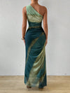 Gradient Goddess: Ruched Tulle Dress with High Slit and Asymmetric Collar