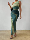 Gradient Goddess: Ruched Tulle Dress with High Slit and Asymmetric Collar