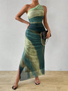 Gradient Goddess: Ruched Tulle Dress with High Slit and Asymmetric Collar