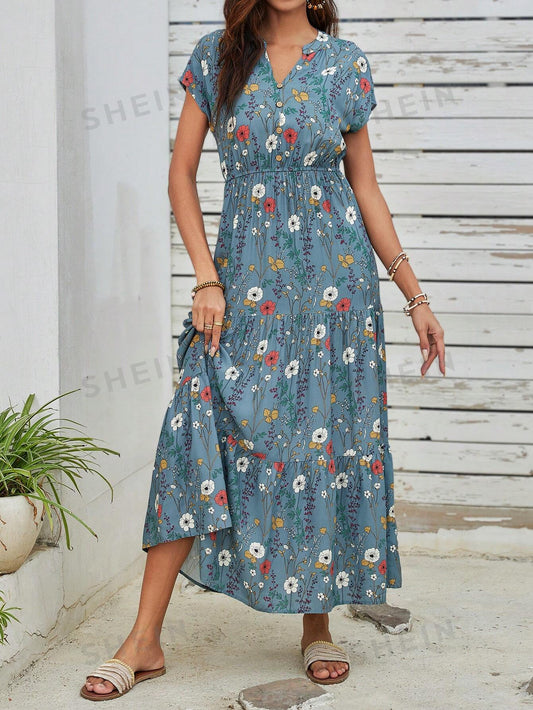 Floral Dream: Ladies Spring Dress with Wooden Button and Belt