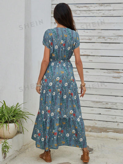 Floral Dream: Ladies Spring Dress with Wooden Button and Belt