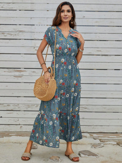 Floral Dream: Ladies Spring Dress with Wooden Button and Belt