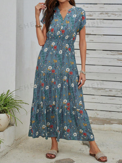 Floral Dream: Ladies Spring Dress with Wooden Button and Belt