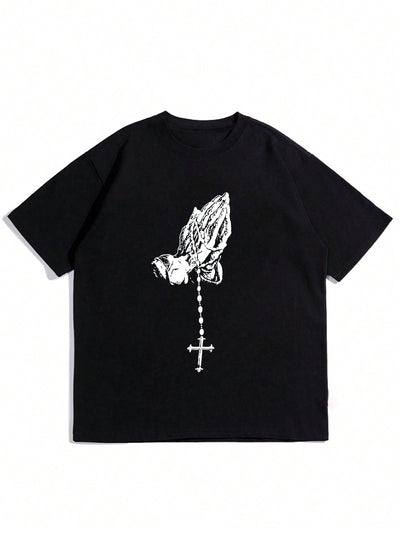 Men's Serenity Short Sleeve T-Shirt: Featuring Prayer Hand Gesture and Cross Print