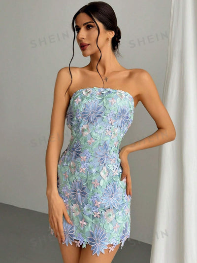 Lace Elegance: Strapless Embroidered Bodycon Mini Dress for Wedding Season & Date Nights