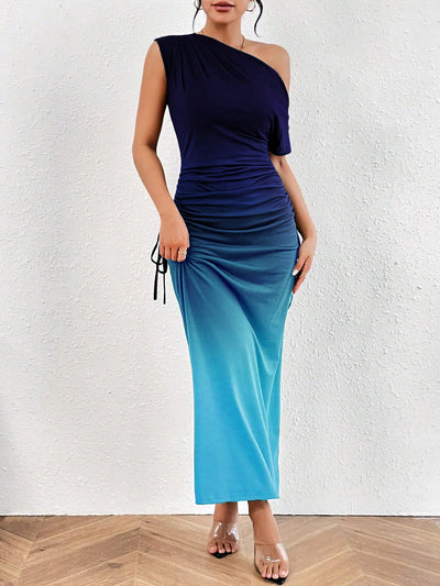 Chic Gradient Asymmetric Neckline Dress for Effortless Elegance