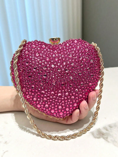 Chic Red Heart-Shaped Rhinestone Evening Clutch Bag with Metal Chain Strap - Perfect for Banquets, Weddings, and Formal Occasions