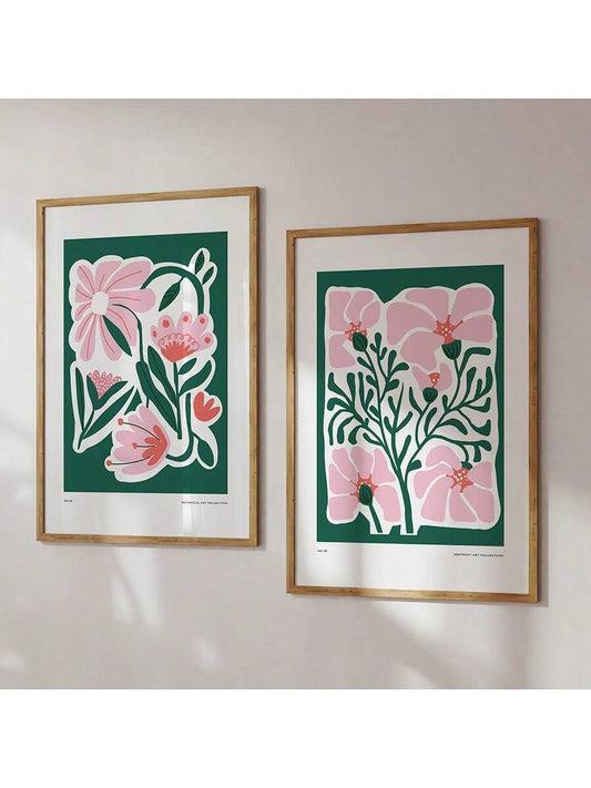 Vibrant Floral Wall Art Set - Modern Pink and Green Prints for Stylish Home Decor