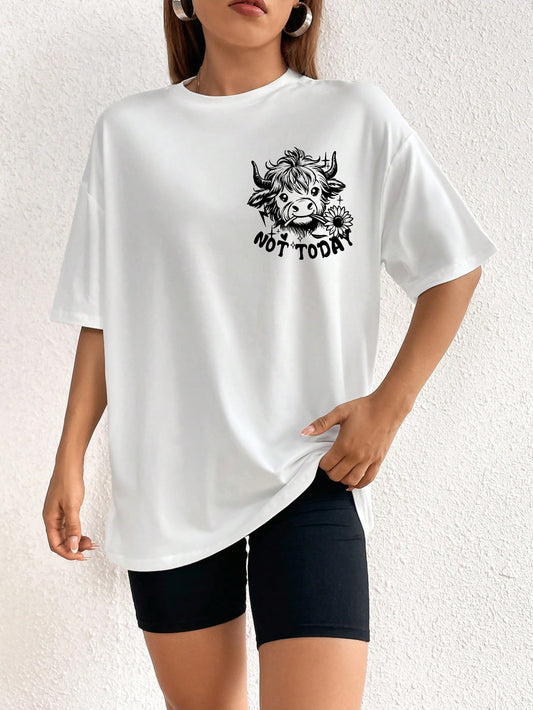 Chic Casual Vibes: Cow Letter Printed Short Sleeve T-Shirt