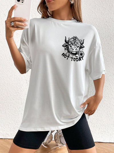 Chic Casual Vibes: Cow Letter Printed Short Sleeve T-Shirt