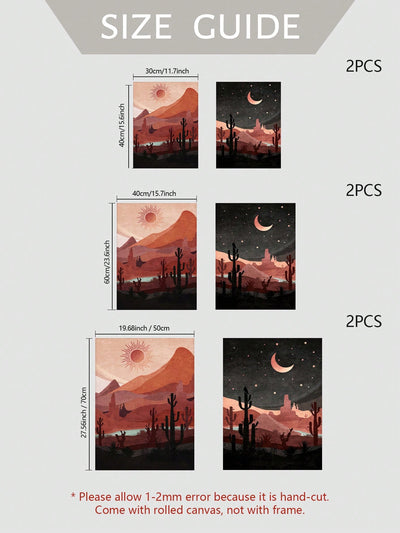 Day and Night Western Desert Landscape Canvas Poster Set: Boho Sun and Moon Abstract Wall Art for Home Decor