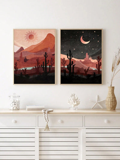 Boho Desert Dreams: Day & Night Canvas Poster Set with Cactus Landscape