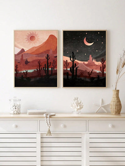 Day and Night Western Desert Landscape Canvas Poster Set: Boho Sun and Moon Abstract Wall Art for Home Decor