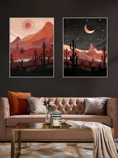 Boho Desert Dreams: Day & Night Canvas Poster Set with Cactus Landscape