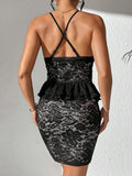 Black floral lace dress with deep V neckline