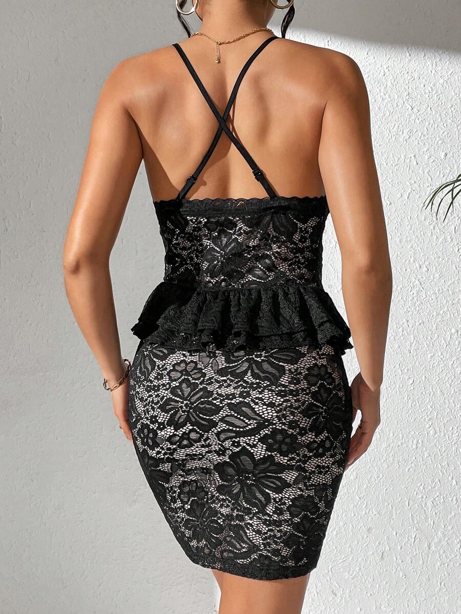 Black floral lace dress with deep V neckline