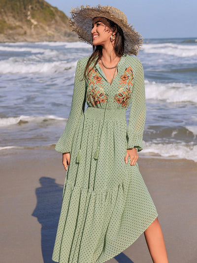 Bohemian Blossoms: High Collar Floral Print Lantern Sleeve Dress with Belt