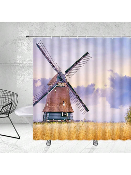 Windmill Harvest: Farmhouse Style Shower Curtain Set with Hooks