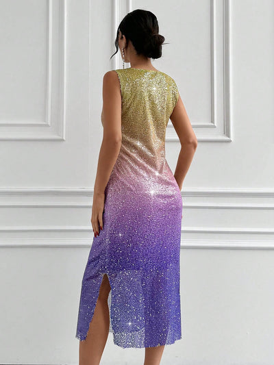 Radiant Ombre Elegance: Gradient Sparkle V-Neck Slim Fit Dress with Split Hem