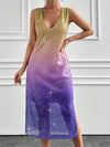 Radiant Ombre Elegance: Gradient Sparkle V-Neck Slim Fit Dress with Split Hem