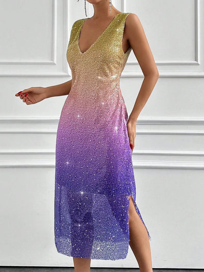 Radiant Ombre Elegance: Gradient Sparkle V-Neck Slim Fit Dress with Split Hem