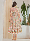 Summer Garden Party Dress: Floral Print Square Neck Short Puff Sleeve Ruffle Hem Dress