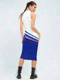 Back view of white blue and red patriotic bodycon midi dress with halter armholes