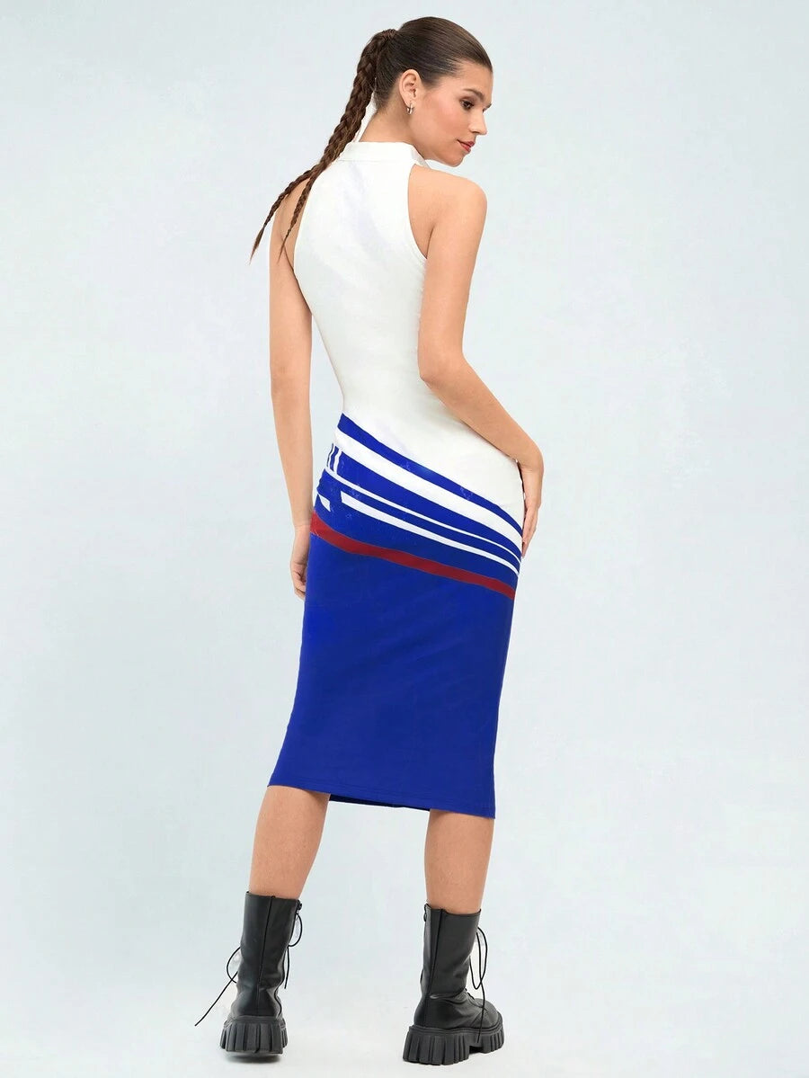 Back view of white blue and red patriotic bodycon midi dress with halter armholes