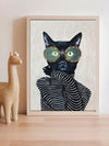 Chic Feline Fashion Canvas Art - Striped Shirt & Round Glasses Cat Wall Decor