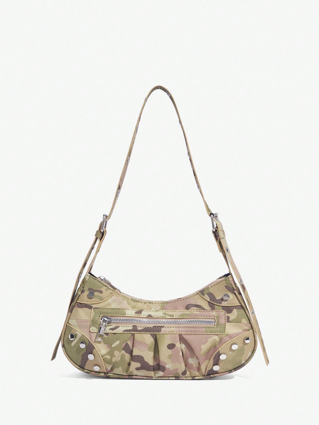 This motorcycle style hobo bag exudes street style chic with its camo rivets. Its edgy design adds a touch of rebelliousness to any outfit. Made with high-quality materials, it offers durability and functionality for everyday use. Stay on trend while keeping your essentials within reach with this stylish bag.