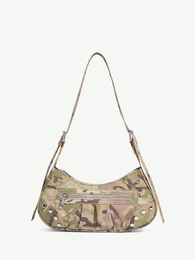 Channeling Street Style Chic with Camo Rivets Motorcycle Style Hobo Bag