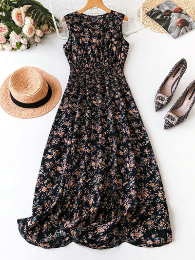 Beautifully Bloomed: Sleeveless Floral Print Dress with Shirred Waist