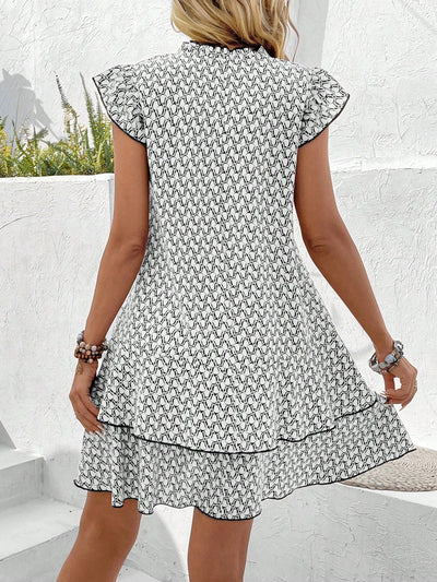 Geometric Summer Chic: Women's Tie Collar Ruffle Hem Dress