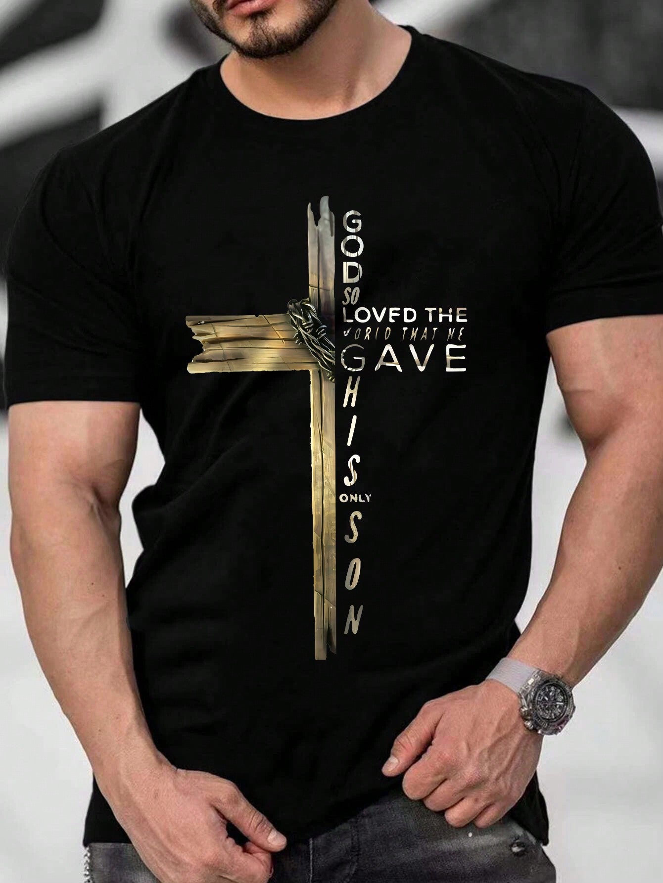 This Men's Letters and Cross Print T-Shirt makes a bold statement with its unique design. Crafted for comfort, this stylish shirt features a striking letters and cross print that adds a touch of personality to any outfit. Elevate your wardrobe with this must-have statement piece.