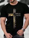 This Men's Letters and Cross Print T-Shirt makes a bold statement with its unique design. Crafted for comfort, this stylish shirt features a striking letters and cross print that adds a touch of personality to any outfit. Elevate your wardrobe with this must-have statement piece.