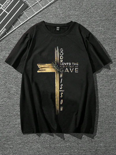 Men's Letters and Cross Print T-Shirt: A Stylish Statement Piece