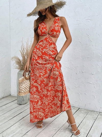 Vacation Ready: Plants Print Cut-Out Waist Dress