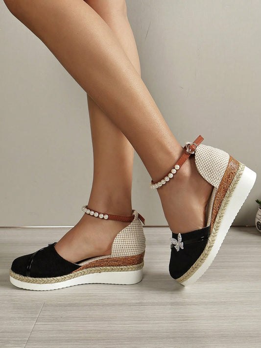 Elegant Butterfly Pearl Wedge Espadrilles for Plus Size Women