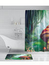Mushroom Magic Bathroom Set: Printed Bath Curtain, Floor Mat, 12 Hooks - Non-Slip & Waterproof Home Decor Accessory