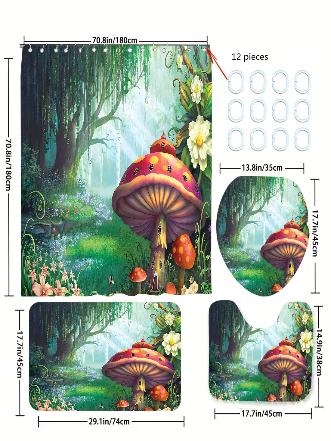 This Mushroom Magic Bathroom Set is a must-have for any bathroom. The set includes a printed bath curtain, floor mat, and 12 hooks, all designed to be non-slip and waterproof. Add some magic to your bathroom decor while ensuring safety and functionality.